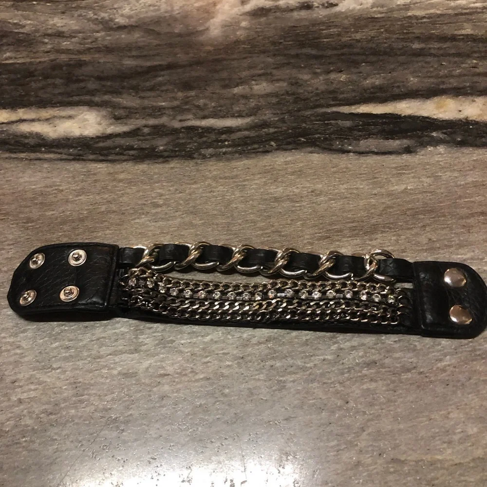 Yik Fung Bracelet Leather Strap Link Chain with Crystal Inserts Leatherpunk